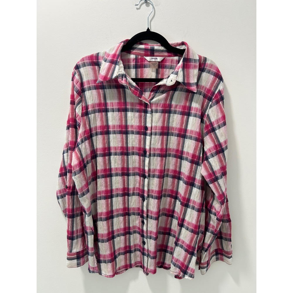 Alia Women Pink Plaid Roll Tab Sleeve Button Up Blouse Top 20W Plus Size